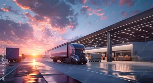 Electric trucks loading goods at a solar-powered logistics center, advancing towards sustainable distribution