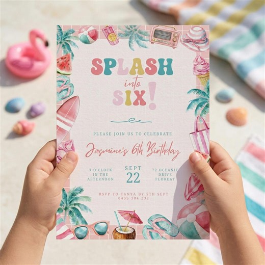Editable 6th Birthday Pool Party Invitation, Preppy Girl Splash Into Six Invite Template, Summer Beach Kids Party Theme - Etsy