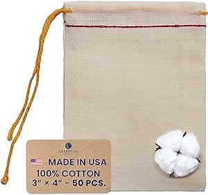 Celestial Gifts Muslin Bags - Drawstring Bags Small 50pcs - 3x4, Reusable Tea, Jewelry. Gift, Spice and Sachet Bag - 100% Cotton - Made in USA - (Red Hem & Orange Drawstring)