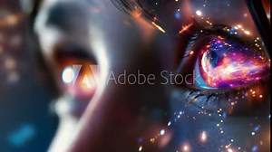 Close-up of human eyes reflecting the cosmos, filled with stars and galaxies. The vibrant cosmic imagery creates a surreal and awe-inspiring atmosphere, blending human and cosmic elements.