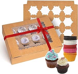Rarapop 6 Pack Cupcake Boxes Hold 12 Standard Cupcakes, Food Grade Cupcake Holders Bakery Carrier Boxes with Windows and Inserts for Cupcakes, Muffins and Pastries