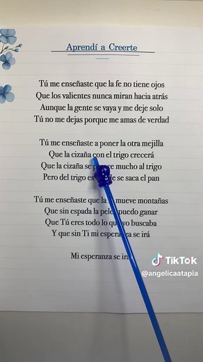 Dios te bendiga 🙏 🎶 Letra 🎶 Tú me enseñaste que la fe no tiene ojos Que los valientes nunca miran hacia atrás Aunque la gente se vaya y me deje solo Tú no me dejas porque me amas de verdad Tú me enseñaste a poner la otra mejilla Que la cizaña con el trigo crecerá Que la cizaña se parece mucho al trigo Pero del trigo es donde se saca el pan Tú me enseñaste que la fe mueve montañas Que sin espada la pelea puedo ganar Que Tú eres todo lo que yo buscaba Y que sin Ti mi esperanza se irá Mi esperan
