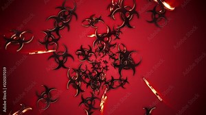 Falling BIOHAZARD, Radiation Hazard Danger Symbols Animation, Rendering, Background, Loop, with Alpha Channel, 4k