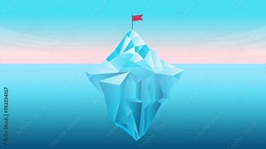 Ice berg mountain with flag on top - Animated floating iceberg showing split level over and under water. Business and organisation strategy and change background in flat design vector animation