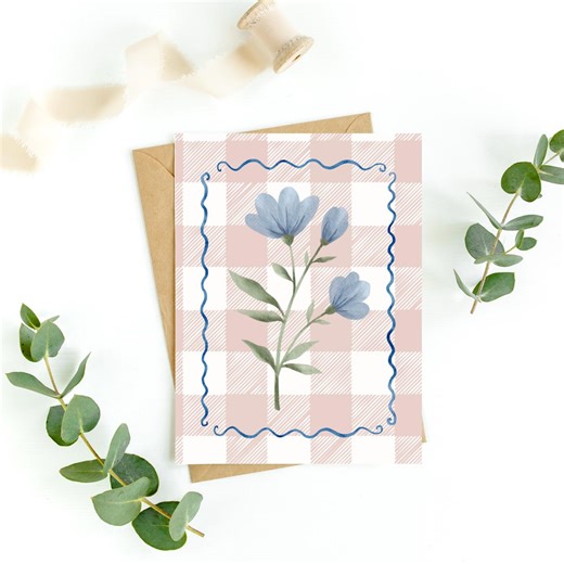 Blue Watercolor Flower Card, Pink Checkered Note Card, Preppy Floral Scalloped Stationery, Dainty Botanical Greeting, Coquette Aesthetic - Etsy