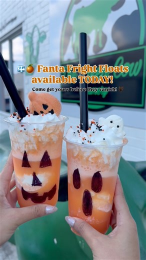 Fanta Fright Floats are HERE and they’re hauntingly delicious! 👻🍊 Made with sweet cream ice cream, fizzy orange Fanta, whipped cream, Halloween sprinkles, and our spooky freeze-dried ghost & pumpkin marshmallows — it's the float of your Halloween dreams 🎃✨ Only available for a limited time starting TODAY — don’t miss it! #pumpkin #HalloweenTreats #IceCream #SpookySzn #Float | The Green Cow Creamery-Victoria