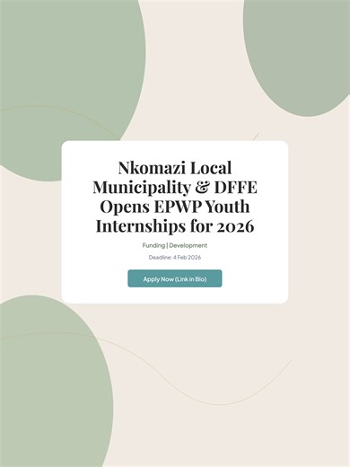INTERNSHIP ALERT Nkomazi Local Municipality & DFFE Opens EPWP Youth Internships for 2026 Benefits: Funding, Development Link: https://www.seta-sa.co.za/nkomazi-municipality-dffe-invite-youth/ Apply by 4 February 2026 #InternshipAlert #Hiring #CareerOpportunity #GradJobs #WorkExperience #ApplyNow#fyppppppppppppppppppppppp #learnership #greenscreen #fyp #ZA #unemployed