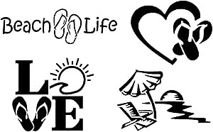 Beach Life Decals 4 Pack: Beach Life, Flip Flop Heart, Love, Chair Umbrella Sun (Black, Large ~5")