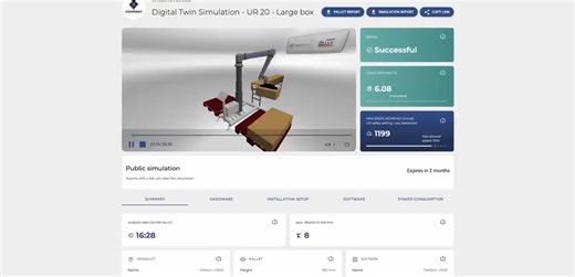 Test your palletizing setup before you get a robot 🦾 Our partner Rocketfarm has developed a simulation tool that lets you test your palletizing solution before you get it. All you have to do is go through these 3 steps 👇 1️⃣ Enter product specifications 2️⃣ Enter the desired pallet design 3️⃣ Enter country and region … and you will receive one (or more) possible solutions presented in a digital simulation. Try it out here: http://urrobots.com/i22 #robots #automation #palletizing | Universal Ro