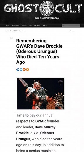 We're remembering Dave Brockie, a.k.a. Oderus Urungus of @gwar who passed away 10 years ago today. If you have a favorite Brockie/Oderus memory, song, or moment, drop a comment. #hailoderus | Ghost Cult Magazine
