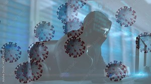 Animation of data processing and viruses over hacker with computer