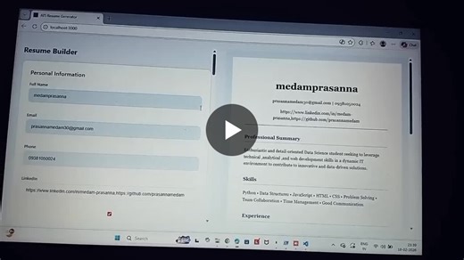 #atsresumebuilder #fullstackdevelopment #internshipproject #reactjs #nodejs #mongodb #datasciencestudent | Medam Prasanna