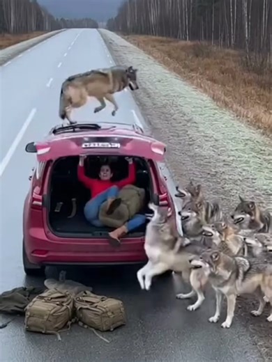 Wolves attack the woman! 😱 Failed attempt to hide in the car trunk #wildlife #women #road #lions #wolf