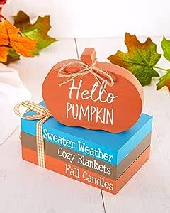 Fall Decor-Fall Thanksgiving Decorations for Home-Sweater Weather Decorative Books Bundle with Hello Pumpkin-Fall Tiered Tray Decor Wooden Sign for Home-Rustic Wooden Books for Autumn Table Shelf