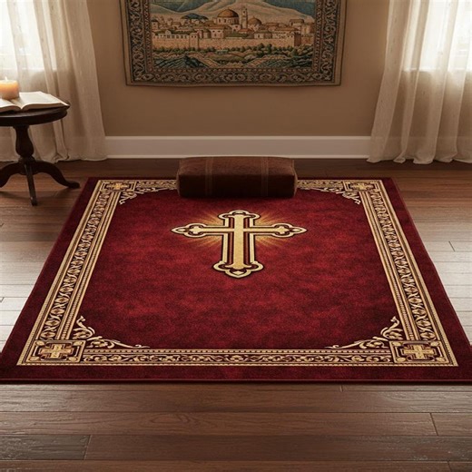 Christian Prayer Rug, Gold Cross Rug, Religious Gift for Baptism, Red Velvet Altar Mat, Catholic Wall Hanging, Elegant Church Home Decor - Etsy