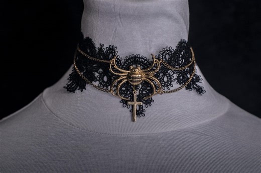 Gothic Lace Spider Choker With Cross – Black Gothic Necklace, Handmade - Etsy