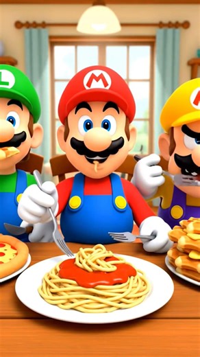 Mario eats Spaghetti while Luigi eats Pizza while Wario eats Waffles