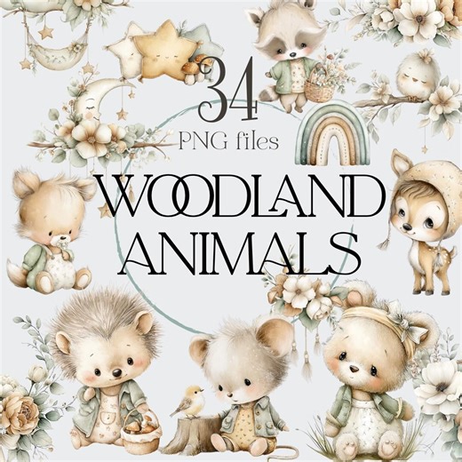 Boho Woodland Baby Animals Clipart, Neutral Baby Clipart PNG, Boho Baby Clipart, Woodland Baby Shower, Nursery PNG, Woodland Nursery Clipart - Etsy