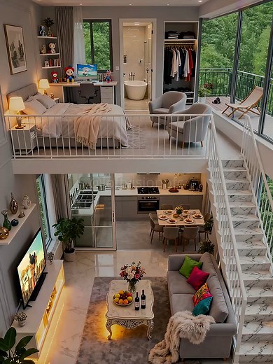 Explore a Luxurious Double-Height Marble Loft