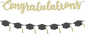 Graduation Banner-Gold and Black Glitter Congratulations Banner -Class of 2026 Congratulations decorations,congrats grad banner for Party Supplies Graduations Decorations