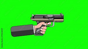 Green screen gun. Hand firing gun on green screen background. Side view. Chroma key. 4K. Seamless loop. Suitable for military-themed events.