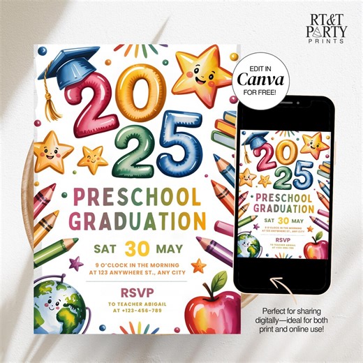 Preschool Graduation Invitation Announcement Kinder Evite Pre K Grad Ceremony Class of 2025 Editable Canva Template Digital Invite Printable - Etsy