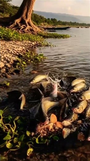 Fish Fighting for Food on the River Bank😱😱😱 #shoortyoutube #goldenfish #fyp #viral #animals