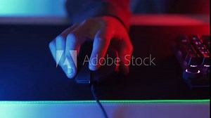 Scrolling mouse. Choosing option. Hand of man pressing button seamless loop surfing internet using computer mouse online gaming working pc dark light. Generative AI