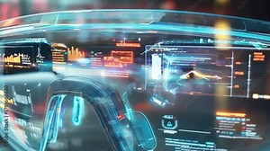 dynamic, futuristic heads-up display (HUD) shows glowing blue data streams and complex user interface elements.