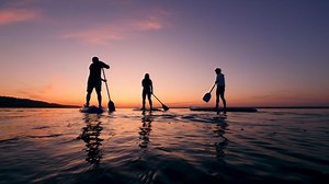 clip-1038135203-backside-view-young-people-paddleboarding-sunset