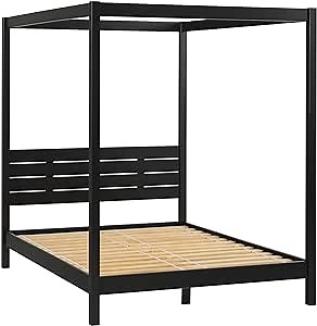 Walker Edison Isla Slatted Headboard Canopy Bedframe, Queen, Black