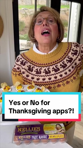 Hi, It’s Babs! Are you on Team YES for Thanksgiving appetizers or Team NO? I’m going to convert you to Team YES! My Thanksgiving Deviled Eggs made with Nellie’s Free Range Eggs won’t ruin any appetites and have all the delicious flavors of the holiday! XO, Babs First, you want to hard boil those eggs, and you know I always use @Nellie’s Free Range . Here’s a bonus hack! Add baking soda to the water for no-fail easy peel eggs! Plus, save a dollar off your next Nellie’s purchase at nelliesfreerang