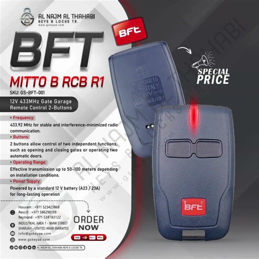 BFT MITT0 B RCB R1 12V 433MHz Gate Garage Remote Control 2-Button.