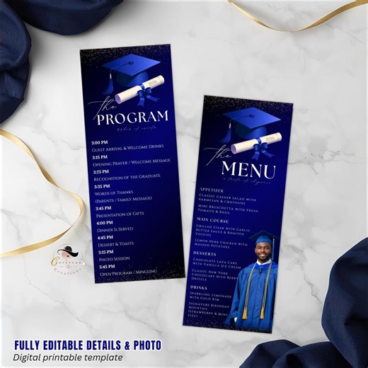 Blue Graduation Menu and Program Card, Senior Grad Dinner Party Menu With Photo, Order of Events, Graduates Brunch Menu, Printable Template - Etsy