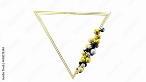 triangular metal gold frame, border, with many black, gold and silver floating spheres decoration, festive design, luxury background, alpha matte isolated