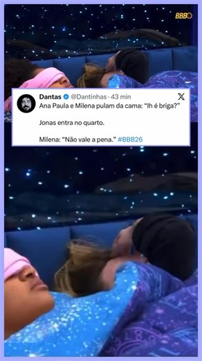 TRICOTEI on Instagram: "No quarto, Ana Paula e Milena acordam assustadas com o barulho e tentam entender o que está acontecendo. “Ih, é briga?”, questionam ao pular da cama. Jonas entra no ambiente logo em seguida, mas a reação vem rápida e encerra qualquer expectativa de confusão. Milena resume a situação em poucas palavras: “Não vale a pena.” [para entender volte 1 post] 📽️ Imagem/Reprodução | TV Globo"