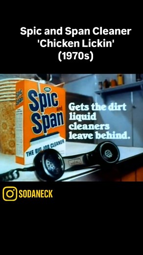 Sodaneck on Instagram: "Spic and Span “Chicken Lickin’” TV Commercial (circa early 1970s, United States). This vintage advertisement promoted Spic and Span household cleaner through a humorous fast-food diner setting called “Chicken Lickin’.” Airing during the early part of the decade (around 1971–1973), the spot features a short-order cook cleaning greasy counters with Spic and Span, highlighting its strength and efficiency. The ad is remembered for its playful delivery, retro diner imagery, an