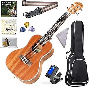Concert Ukulele Deviser 23 inch sapele ukelele starter kit with free online lessons Hawaiian 4 strings Uke Beginner bundle Strap&Tuner&Case&Aquila String Set