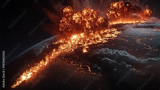Fiery explosion burning planet global destruction apocalypse with molten lava space, dramatic fire and catastrophic impact, cosmic disaster as fiery eruption and meteor impact blaze across planet