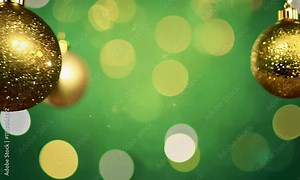 A vibrant green Christmas background with shimmering gold Christmas tree balls in motion with seamless loop. The background features a soft bokeh effect with subtle twinkling lights.