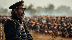 A bearded officer in historical military uniform stands solemnly in a field, with a large group of soldiers gathered in the background. Sense of anticipation and reflection before a significant battle