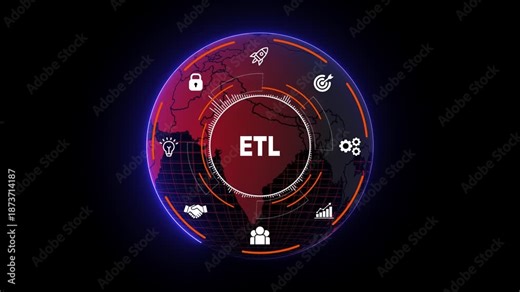 ETL Data Integration HUD Interface with Global World Map, Pipeline Icons and Futuristic Analytics Dashboard