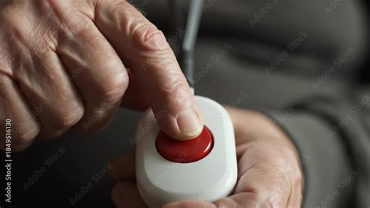 Senior person pressing red SOS button on medical alert device for emergency help