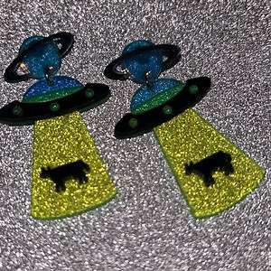 UFO Desert yellow blue Saturn alien cow glow cosmic Barbie earrings space rave