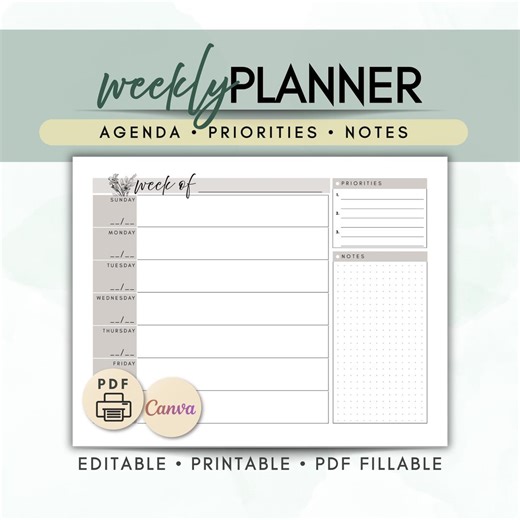 Printable Weekly Planner | Weekly Schedule Template | Agenda & Priorities | PDF Fillable | Canva Editable - Etsy