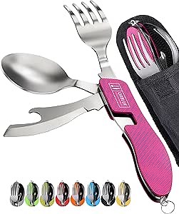 Orblue 4-in-1 Camping Eating Utensils, 2-Pack - Portable Spoon, Fork, Knife & Bottle Opener Combo Set - Stainless Steel Flatware with Detachable Fork - Travel, Backpacking Cutlery Multitool, Hot Pink