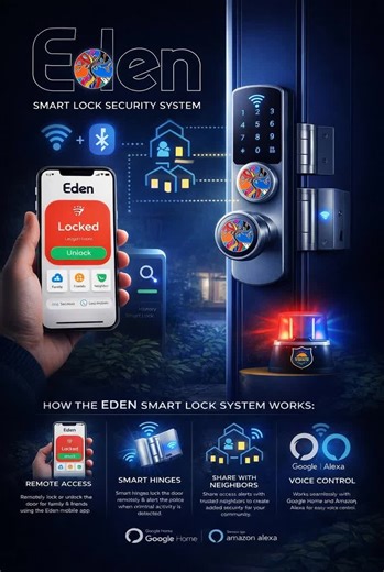 🔐 Introducing Eden Smart Lock — the next generation of home security. Imagine a lock that doesn’t just protect your home… it connects your entire neighbourhood for safety. Here’s how it works 👇 📱 Control Your Door From Anywhere Eden Smart Lock connects using WiFi and Bluetooth, allowing you to lock or unlock your door remotely using the Eden mobile app. If family, friends, or deliveries arrive while you're away, you can instantly open the door from your phone. 👨‍👩‍👧 Share Access With Peopl