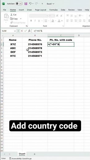 Add country code to number in excel #excellearning #advancedexcel #exceltutorial #learnskill