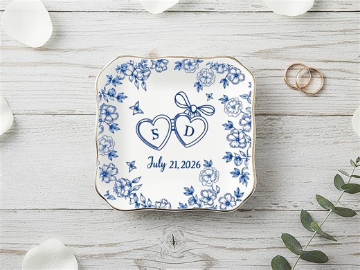 Personalized Ceramic Ring Dish, Blue Floral Heart Monogram Trinket Tray for Couple, Wedding Gift, Date Keepsake - Etsy