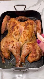 Spatchcocked Turkey The following measurements are for a 16 pound Turkey use about 1 tbs of seasoning and baking powder per every 5 pounds.1 whole turkey 3 tbs baking powder 2 tablespoons oregano 2 tbs salt 1 cup butter 10 cloves crushed garlic Aromatics-1 onion cut into wedges 1 head halved garlic 1 bell pepper cut into chunks 1 bunch parsley 6 cups waterStart by spatchcocking (removing the spine) your turkey. You’ll need a really good pair of kitchen shears to do this. Clean your turkey and tr